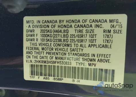 2015 Honda Cr-V Ex from USA, damaged, VIN 2HKRM3H59FH530833